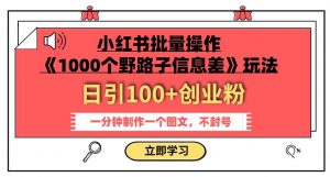 小红书批量操作《1000个野路子信息差》玩法,一分钟制作一个图文,不封号,日引100+创业粉-虚拟资源库