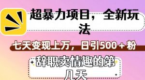 超暴利项目,全新玩法(辞职卖情趣的第几天),七天变现上万,日引500+粉【揭秘】-虚拟资源库