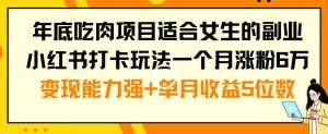 年底吃肉项目适合女生的副业小红书打卡玩法一个月涨粉6万+变现能力强+单月收益5位数【揭秘】-虚拟资源库
