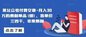 某公众号付费文章·月入30万的暴利单品(续)，客单价三四千，非常暴利-虚拟资源库