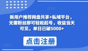 新用户推荐网盘共享+私域平台，无需粉丝即可轻松起号，收益当天可见，单日已破5000+【揭秘】-虚拟资源库