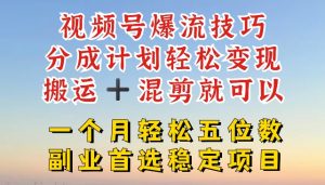 视频号爆流技巧，分成计划轻松变现，搬运 +混剪就可以，一个月轻松五位数稳定项目【揭秘】-虚拟资源库