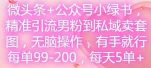 微头条+公众号小绿书,精准引流男粉到私域卖套图,无脑操作,有手就行,每单99-200,每天5单-虚拟资源库