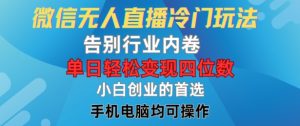 微信无人直播冷门玩法,告别行业内卷,单日轻松变现四位数,小白的创业首选【揭秘】-虚拟资源库
