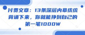 付费文章:13条深层内幕统统背诵下来,你就能挣到自己的第一笔1000W-虚拟资源库