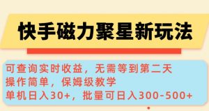 快手磁力新玩法，可查询实时收益，单机30+，批量可日入3到5张【揭秘】-虚拟资源库