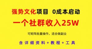 强势文化项目,一个社群收入25个W,0成本启动,可矩阵批量操作,原创详细实操教程-虚拟资源库