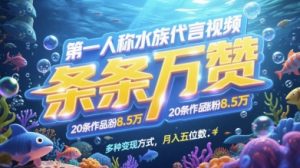 第一人称水族代言视频，条条万赞，20条作品涨粉7.8W，多种变现方式月入五位数-虚拟资源库