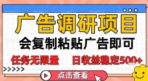 广告调研项目,会复制粘贴广告即可,任务无限量,日收益稳定5张【揭秘】-虚拟资源库
