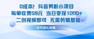 0成本，抖音男粉小项目 每单收费59元当日变现1k+ 二创视频即可无需剪辑基础-虚拟资源库