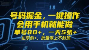 号码掘金,一键操作,会用手机就能做,单号80+,一天5张+,批量做上不封顶【揭秘】-虚拟资源库