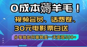 0成本薅羊毛!视频会员、话费卷、30元电影票白送,分享我如何靠转卖一天变现5张+【揭秘】-虚拟资源库