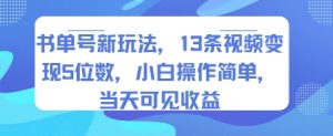 书单号新玩法,13条视频变现5位数,小白操作简单,当天可见收益-虚拟资源库