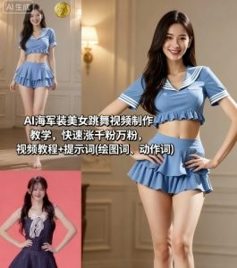 AI海军装美女跳舞视频制作教学,快速涨千粉万粉,视频教程+提示词(绘图词、动作词)-虚拟资源库