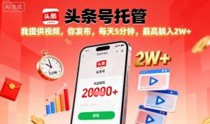 【头条号托管】我提供视频,你发布,每天5分钟,最高躺入2W+【揭秘】-虚拟资源库