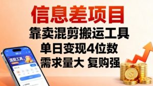 信息差项目,靠卖混剪搬运工具,单日变现4位数,需求量大,复购强,操作简单,几分钟一条视频-虚拟资源库