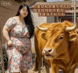 AI美女和大黄牛摔跤搞笑荒诞视频制作教程,快速涨千粉万粉-虚拟资源库