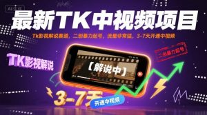 最新TK中视频项目,Tk影视解说赛道,搬运二创暴力起号,流量非常猛,3-7天开通中视频(更新)-虚拟资源库