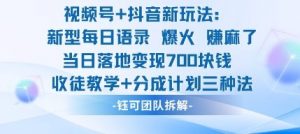 视频号加抖音新玩法：爆火新型每日语录，收徒教学加分成计划，三种变现玩法，当日变现7张-虚拟资源库