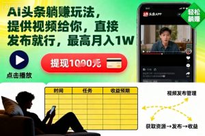 AI头条躺賺玩法,提供视频给你,直接发布就行,最高月入1W+【揭秘】-虚拟资源库