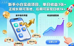 新手小白实战项目，单日收益3张+，正规长期可落地，后期可实现日收1k+【揭秘】-虚拟资源库