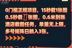 0门槛正规项目,15秒截1张图,0.6米到账,酒店截图任务,单量无上限,多号矩阵日躺入3张【揭秘】-虚拟资源库