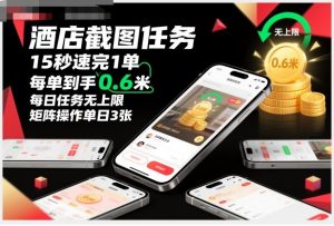 酒店截图任务,15秒速完1单,每单到手0.6米,每日任务无上限,全网首发玩法,矩阵操作单日3张【揭秘】-虚拟资源库