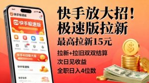 快手放大招!极速版拉新,最高拉新15米,拉新+拉旧双双结算,次日见收益,全职日入4位数-虚拟资源库
