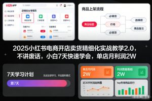 2025小红书电商开店卖货精细化实战教学2.0,不讲废话,小白7天快速学会,单店月利润2W-淘宝虚拟货源网