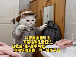 抖音掘金新玩法,可爱猫咪生活日记,日收益4张+新手可做,涨粉快流量稳,可一稿多平台-虚拟资源库
