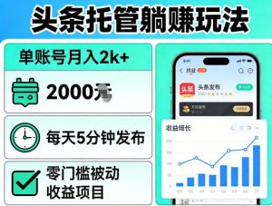 头条托管躺賺玩法,单账号月入2k+,每天5分钟发布即可,零门槛被动收益项目【揭秘】-虚拟资源库