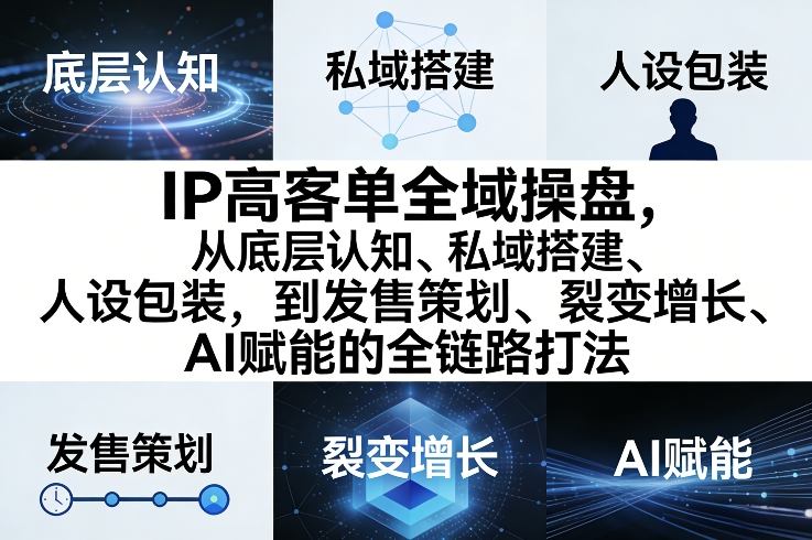 IP高客单全域操盘,从底层认知、私域搭建、人设包装,到发售策划、裂变增长、AI赋能的全链路打法