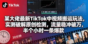 某大佬最新TikTok中视频搬运玩法,实测破解原创检测,流量稳冲破万,半个小时一条爆款-虚拟资源库
