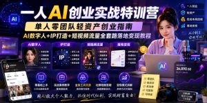 一人AI创业实战特训营，单人零团队轻资产创业指南，AI数字人+IP打造+短视频流量全套路落地变现教程-虚拟资源库