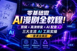 零基础做AI漫剧全教程！剪辑+高清修复+AI配音+三大主流AI工具实操，一套课全搞定-虚拟资源库