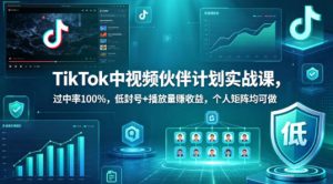 TikTok中视频伙伴计划实战课,过中率100%,低封号+播放量賺收益,个人矩阵均可做-虚拟资源库