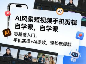 AI风景短视频手机剪辑自学课,零基础入门,手机实操+AI提效,轻松做爆款-虚拟资源库