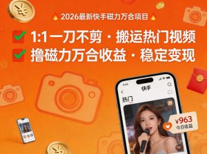 2026年最新快手磁力万合项目,1比1一刀不剪搬运热门视频,撸磁力万合收益-虚拟资源库