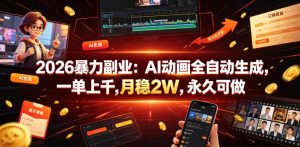 2026暴力副业：AI动画全自动生成，一单上千，月稳2W，永久可做【揭秘】-虚拟资源库