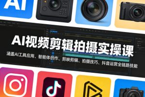 AI视频剪辑拍摄实操课,涵盖AI工具应用、智能体创作、剪映剪辑、拍摄技巧、抖音运营等全链路技能-虚拟资源库