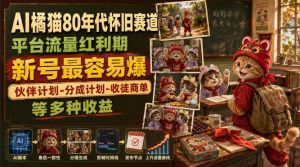 AI橘猫80年代怀旧赛道,平台流量红利期,新号最容易爆,伙伴计划-分成计划-收徒商单等多种收益-虚拟资源库