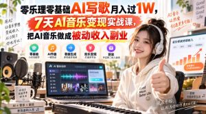 零乐理零基础AI写歌月入过1W,7天AI音乐变现实战课,把AI音乐做成被动收入副业-虚拟资源库