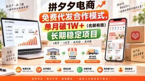 拼夕夕电商免费代发合作模式,单月破1W+(名额有限)长期稳定项目【揭秘】-虚拟资源库