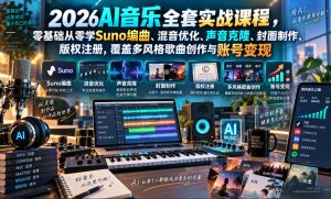 2026AI音乐实战课程,零基础从零学Suno编曲、混音优化、声音克隆、版权注册,覆盖多风格歌曲创作与账号变现(更新0921)-虚拟资源库