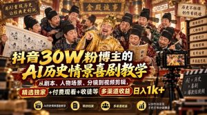 抖音30W粉博主的AI历史情景喜剧教学，从剧本、人物场景、分镜到视频剪辑，精选独家+付费观看+收徒等多渠道收益日入1k+-虚拟资源库
