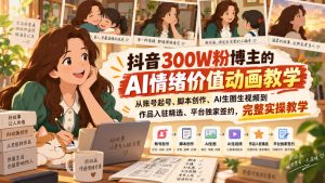 抖音300W粉博主的AI情绪价值动画教学，从账号起号、脚本创作、AI生图生视频到作品入驻精选、平台独家签约，完整实操-虚拟资源库