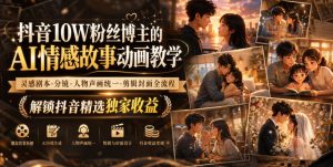 抖音10W粉丝博主的AI情感故事动画教学,灵感剧本‑分镜‑人物声画统一‑剪辑封面全流程,解锁抖音精选独家收益-虚拟资源库